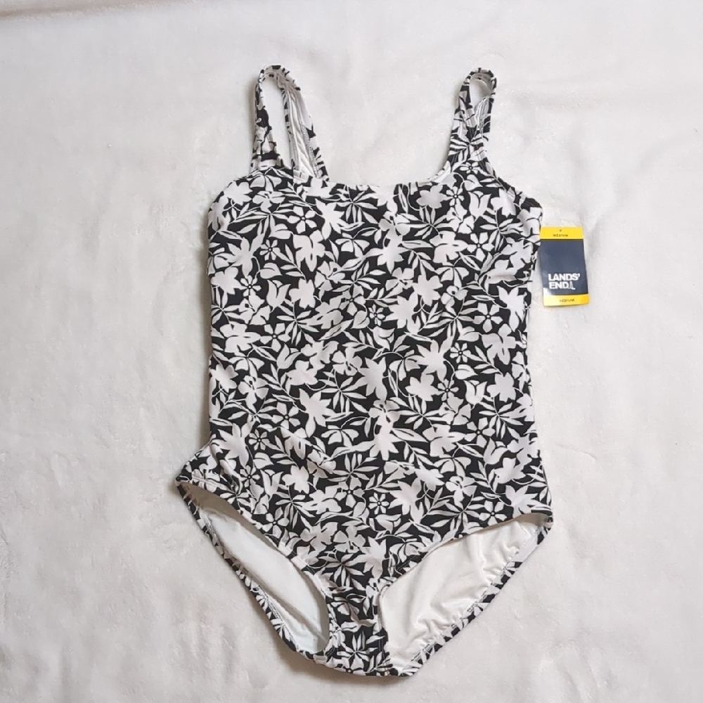 Lands' End  Black and White Floral Swimsuit Size Medium